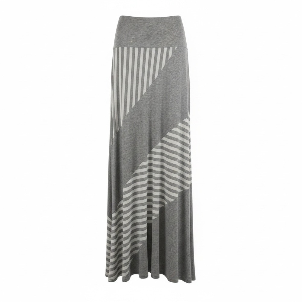Emerald Gray White Striped Patchwork Maxi Skirt USA Made Rayon Comfortable Knit